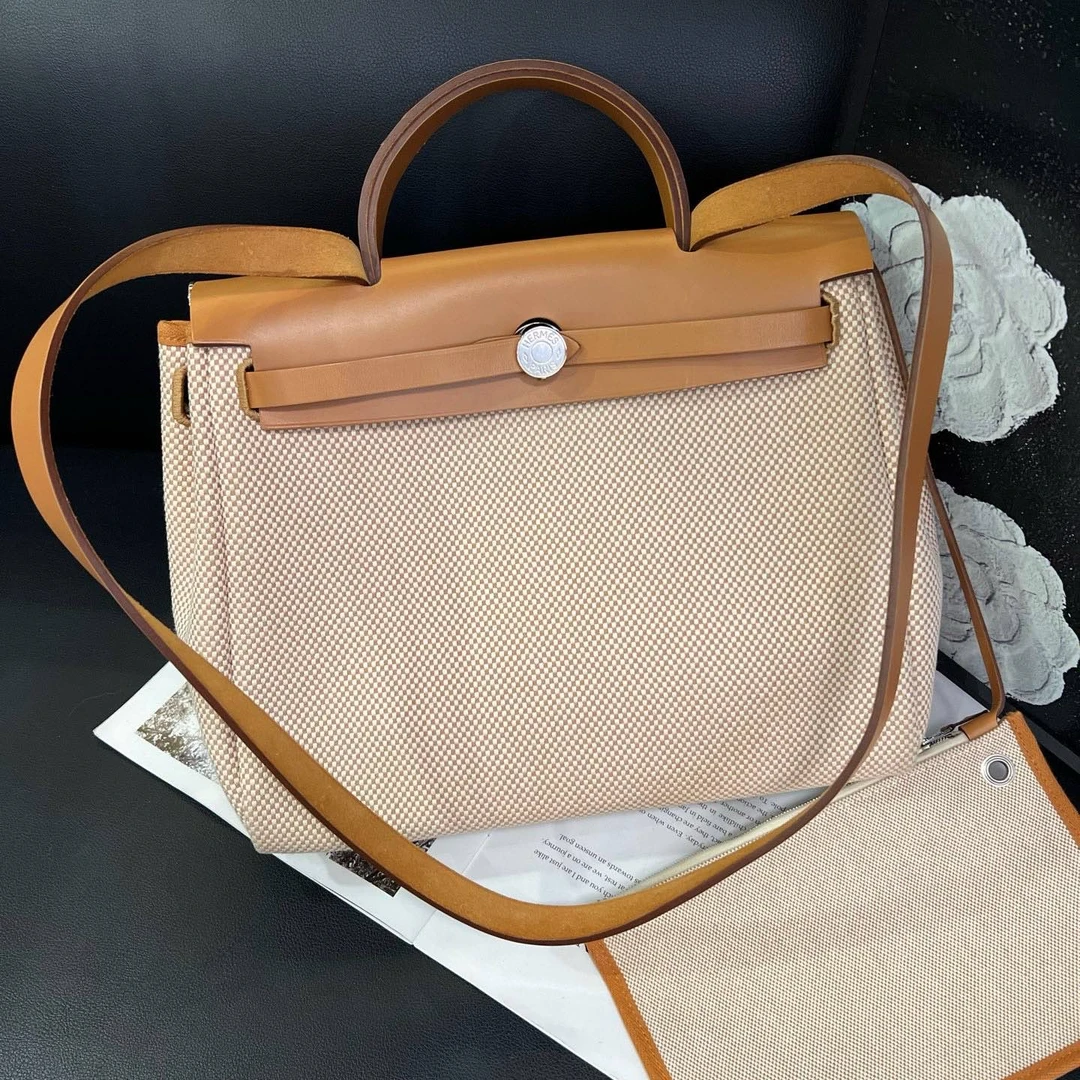 95新 Hermes/爱马仕 金棕帆布拼皮31herbag单肩包D刻19年JM