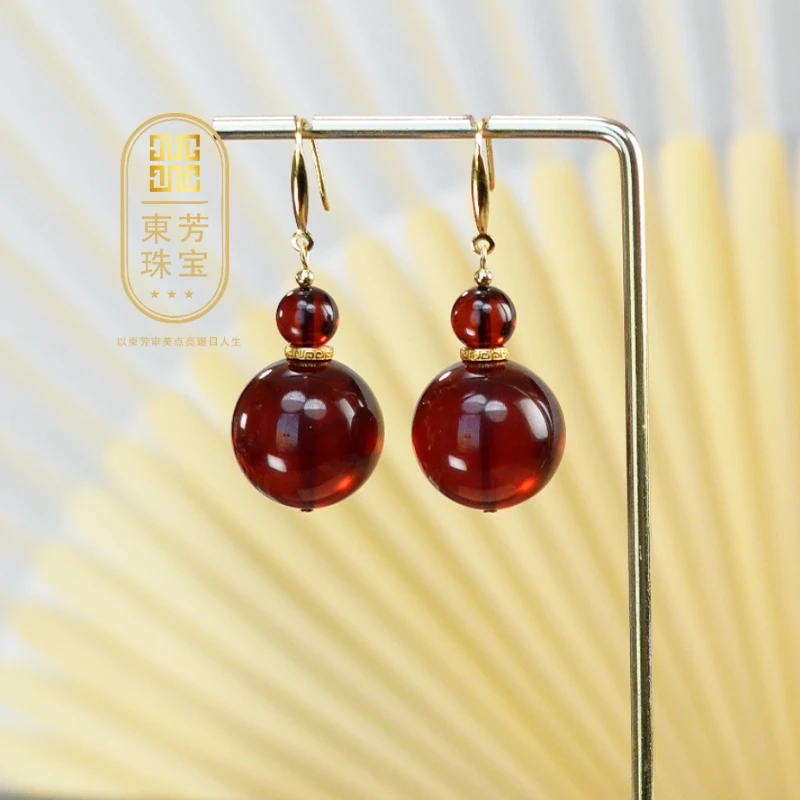 東芳珠宝-19mm缅甸天然琥珀血珀耳环耳钩S925银葫芦气质长款耳环