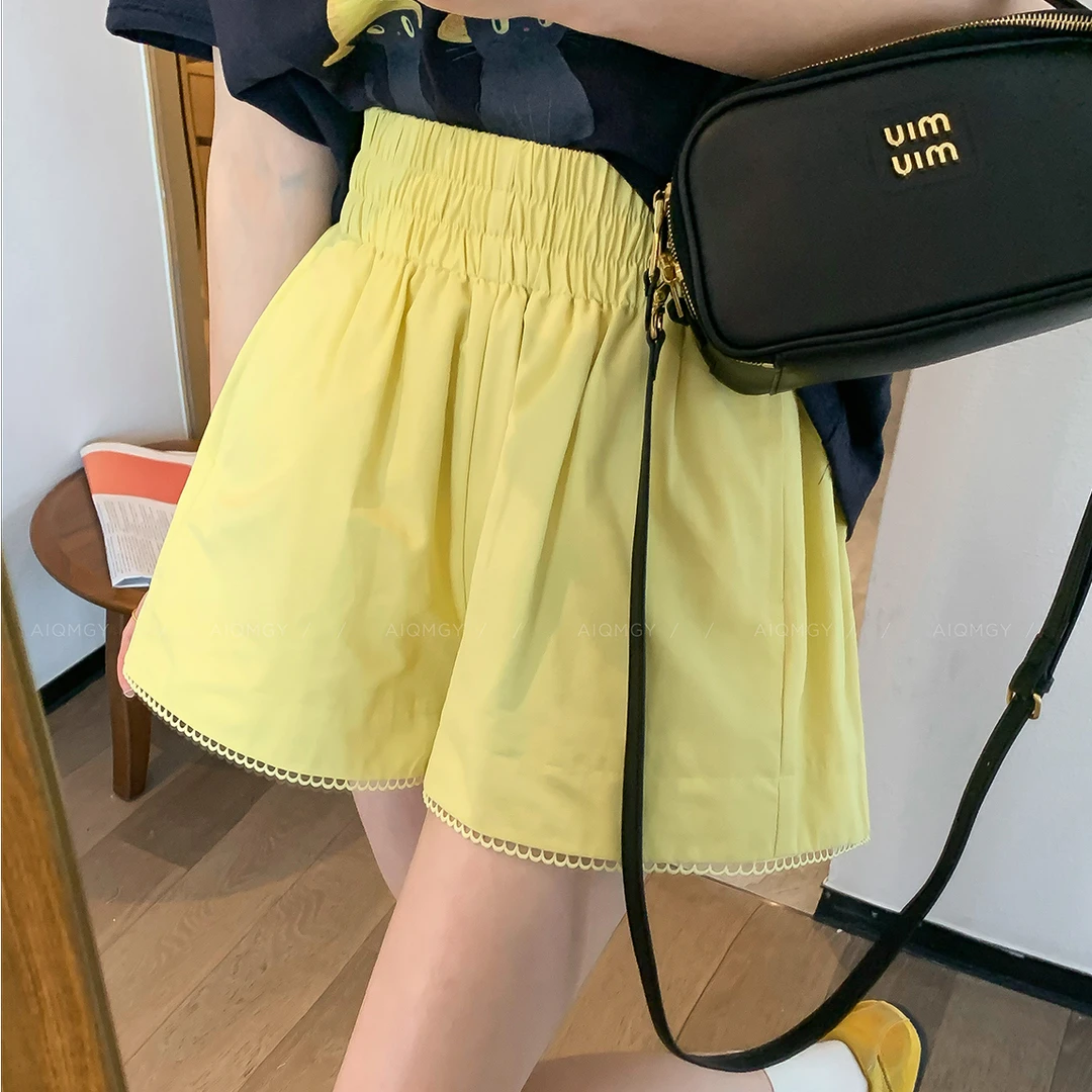 纯棉花边短裤女夏天2025新款阔腿高腰大码显瘦减龄韩版休闲裤子潮
