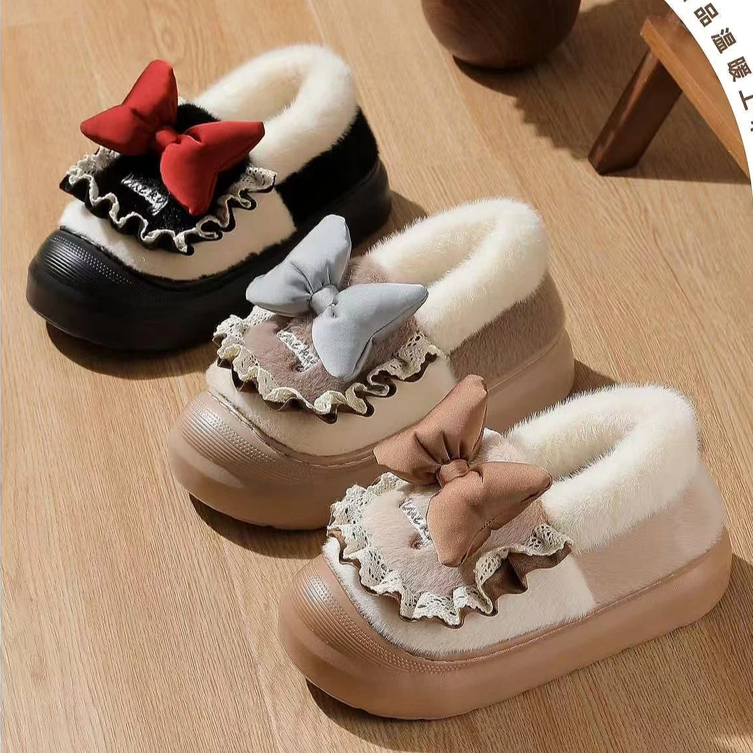 洛丽塔可爱蝴蝶结棉鞋女冬防滑厚底甜美保暖毛毛洋气可外穿24-30