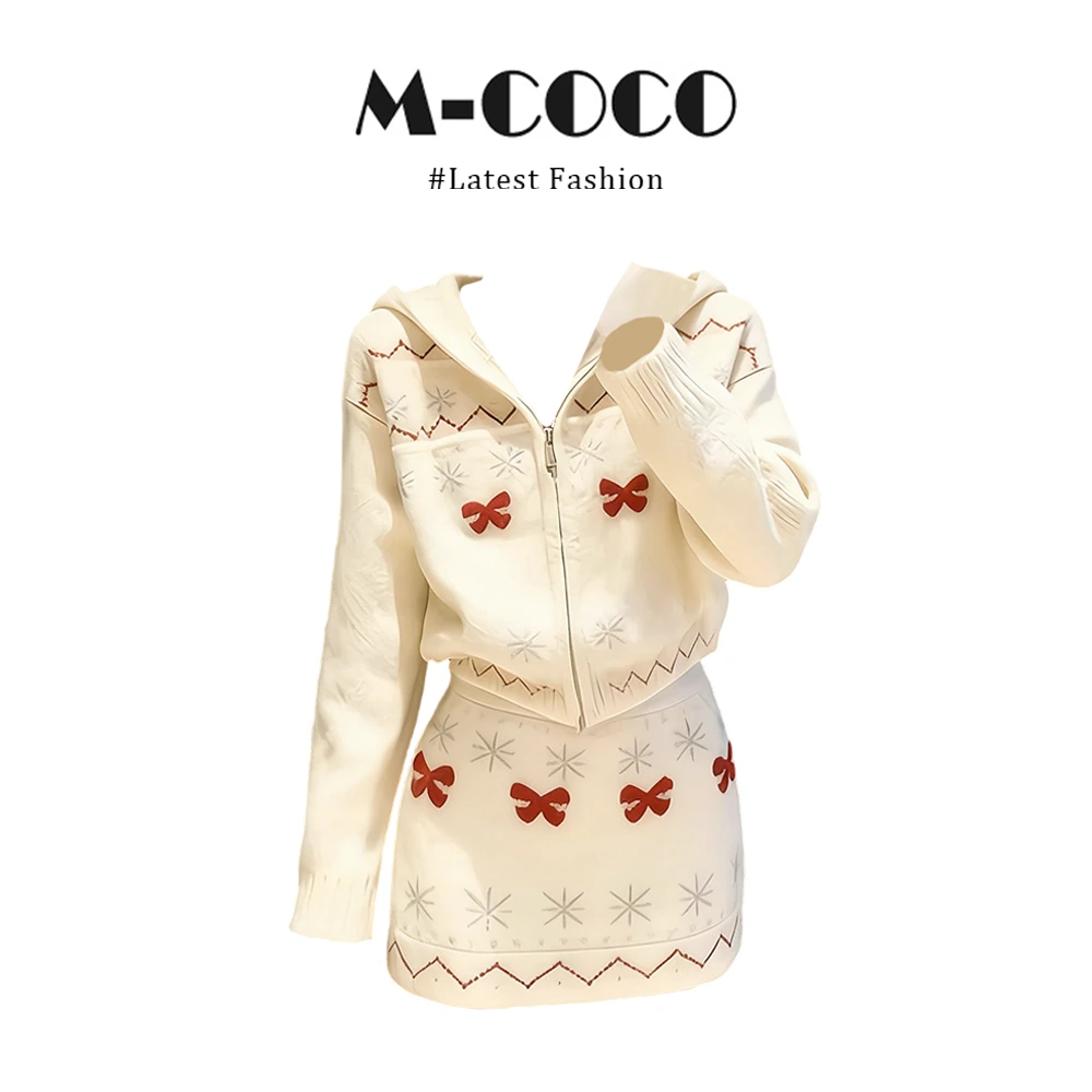 MARIE.COCO巨好看的冬装一整套韩系连帽钩花针织上衣包臀短裙套装