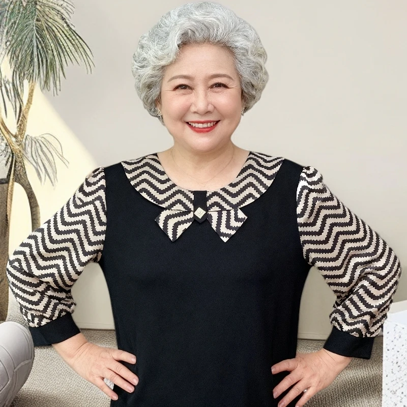 翻领肌理常规宽松中老年女装秋冬洋气针织衫女装七分袖妈妈装