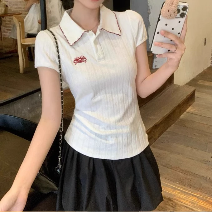 学院风甜辣妹白色POLO领短袖t恤女夏季2025新款修身显瘦收腰上衣