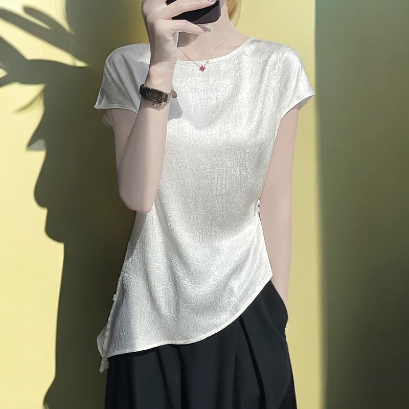 真丝短袖女款爆款2025新款圆领白色半袖打底衫气质显瘦设计感上衣