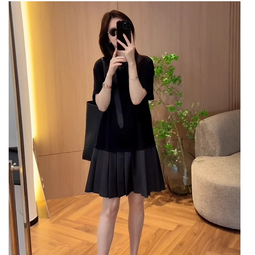 连衣裙夏女2025新款高级感超好看宽松慵懒风拼接短袖绝美气质裙子