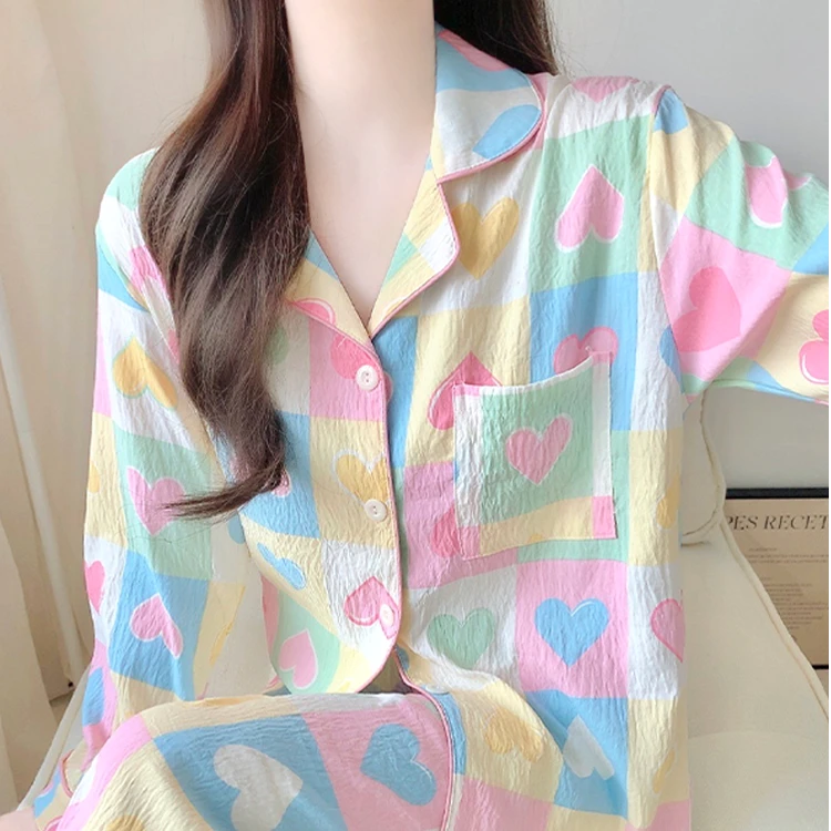 25春秋长袖长裤开衫翻领云朵棉睡衣女直播爆款甜美卡通家居服套装