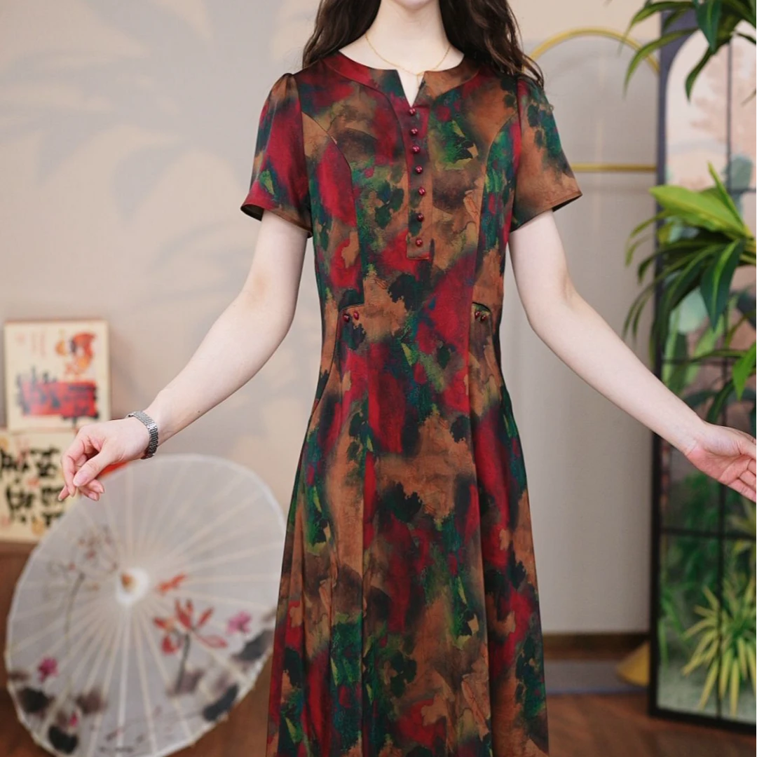 WLY【直播专享】国风真丝桑蚕丝裙子女夏季2025新款连衣裙显瘦中式