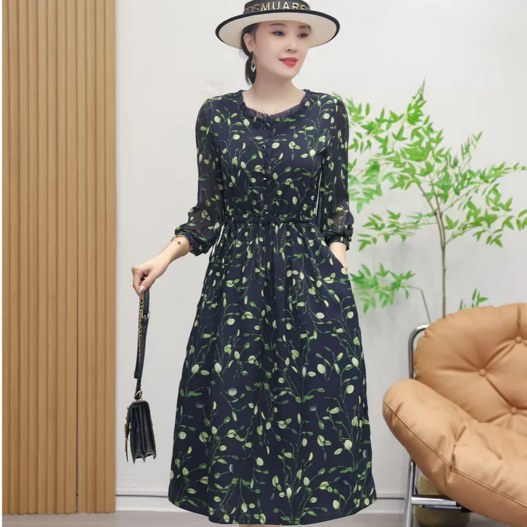 619春季新款时尚气质显瘦妈妈宽松连衣裙中长款收腰过膝女士裙子