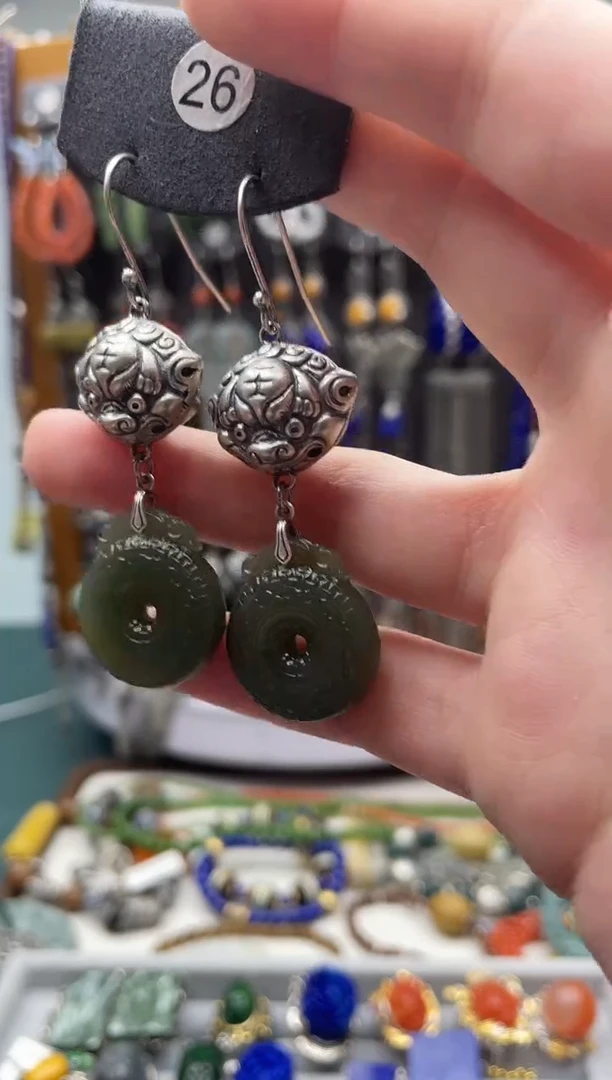 【闪购商品】和田玉耳饰银S925镶嵌饰品