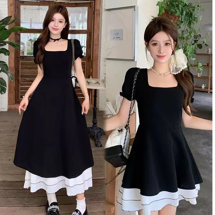 （现货）大码胖妹妹夏季设计感撞色小黑裙显瘦中长款连衣裙1492