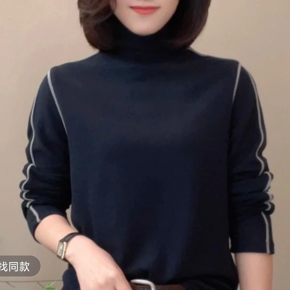 2025秋冬宽松拼接s打底衫衬衫长袖休闲百搭气质显瘦半高领1802