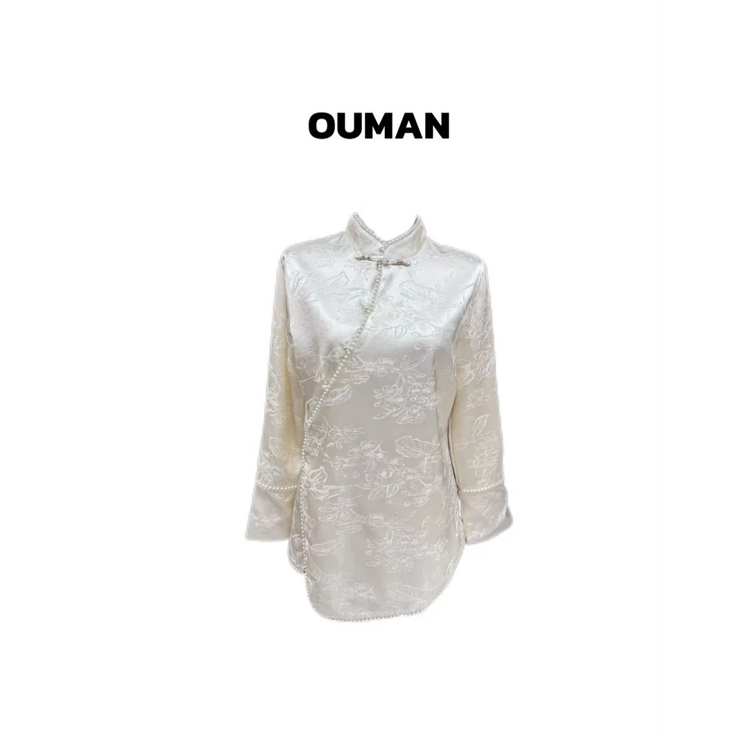 欧漫家【珠光宝气】新中式斜裁设计拼珍珠上衣（现货）
