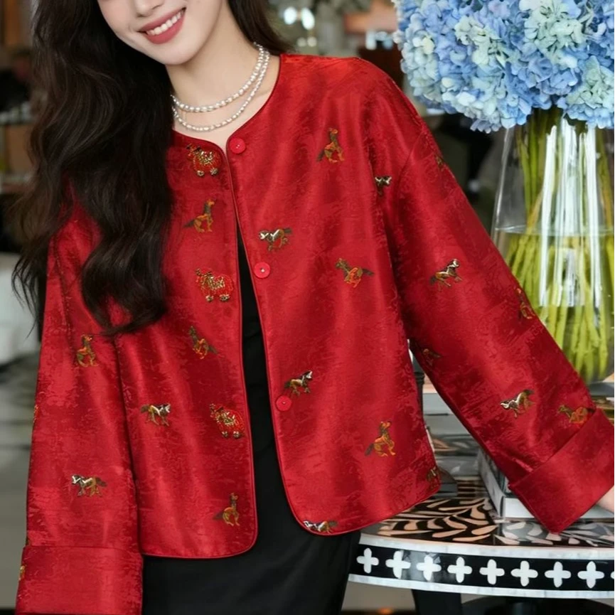 【瑞马呈祥】2025新中式气质直襟民族风刺绣重工外套提花复古圆领
