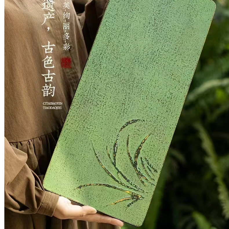 非遗大漆翠微手绘兰花裱布诧寂风茶盘复古古韵加厚干泡干泡台茶盘