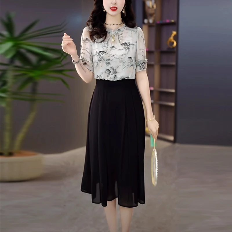 轻羽丝气质国风轻奢女装2025夏季新款时尚洋气假两件显瘦连衣裙子