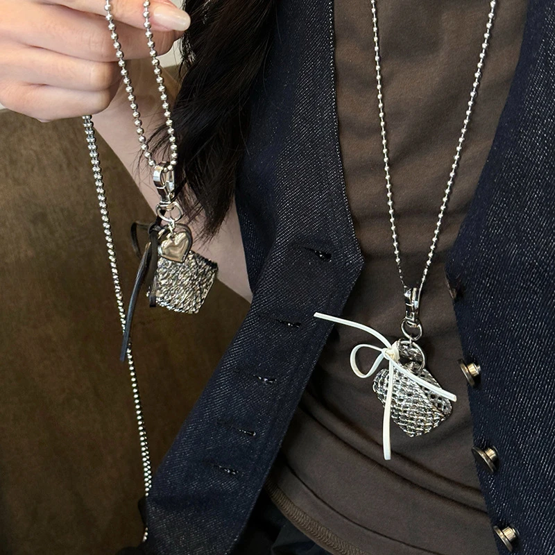 铜合金项链 银色编织爱心丝带包包项链