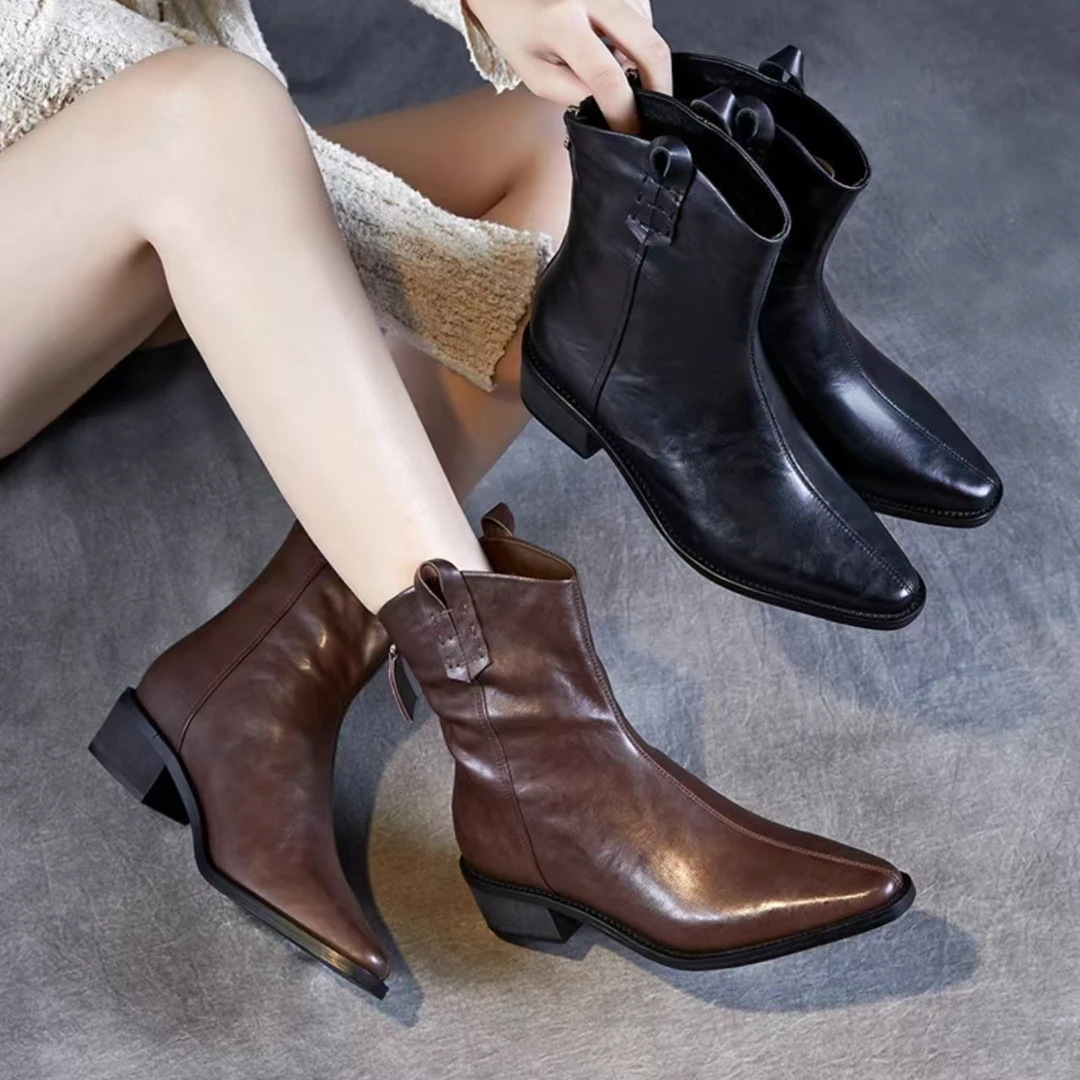 88-512  粗跟法式尖头中跟秋冬短靴女靴百搭靴子时装靴