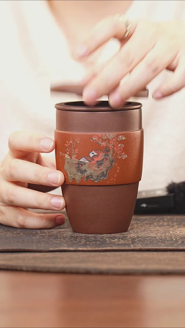 紫砂茶叶罐朱泥泥绘山水快客杯