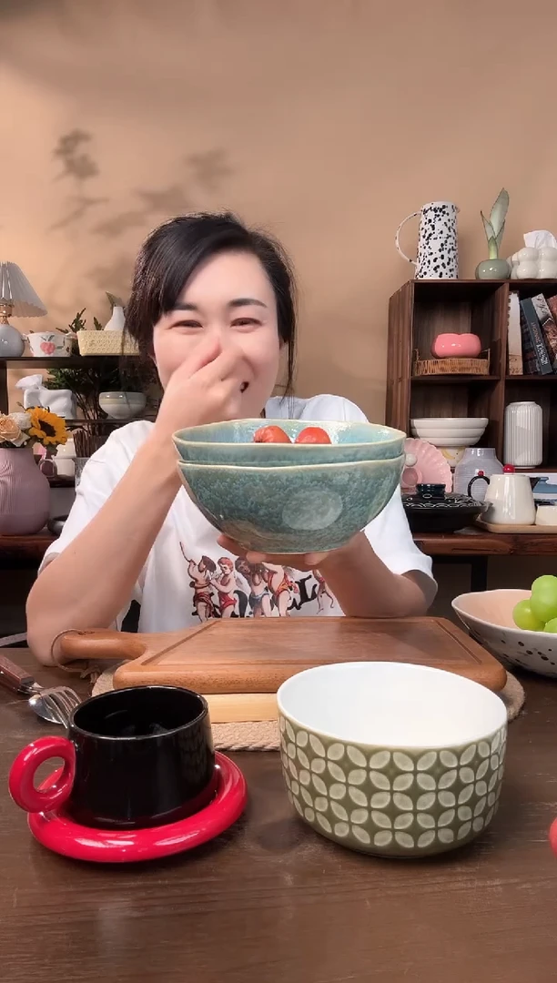 陶瓷6.5英寸异形窑变绿碗2只微瑕