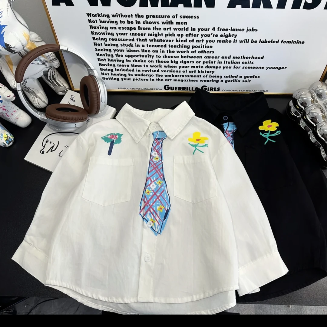 男童春款印花领带破洞牛仔裤套装2025新款高街宽松版型亲亲两件套