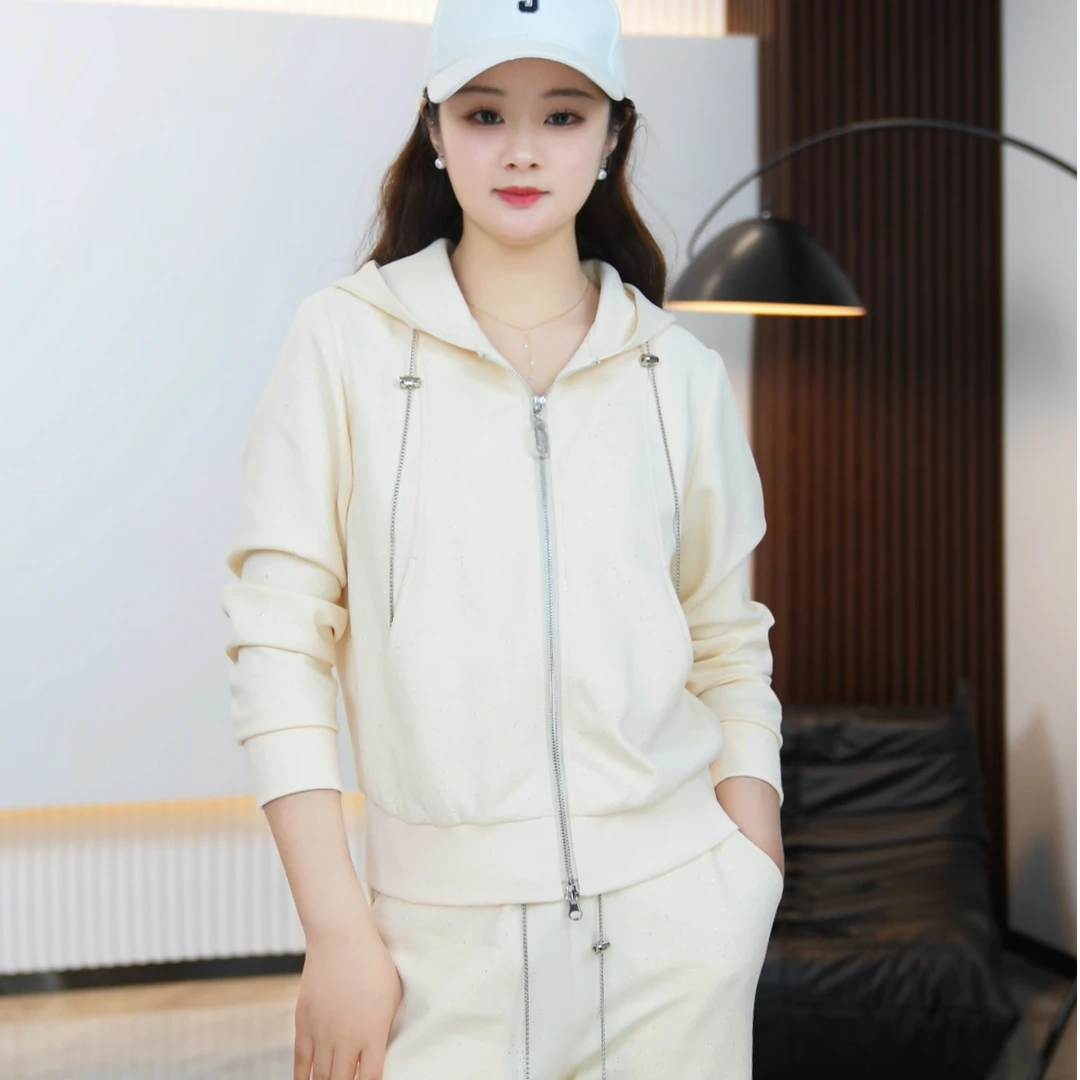 【GY】新款撒银春纯色薄休闲显瘦连帽气质减龄长袖运动套装2517016