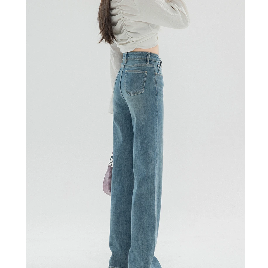 复古直筒牛仔裤女秋季新款高腰小个子宽松女士阔腿裤集合链接