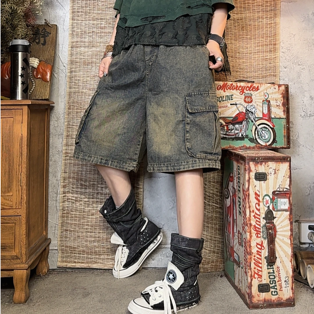 852款春季休闲时尚百搭炒色做旧牛仔大口袋五分裤【裤长58臀围135】