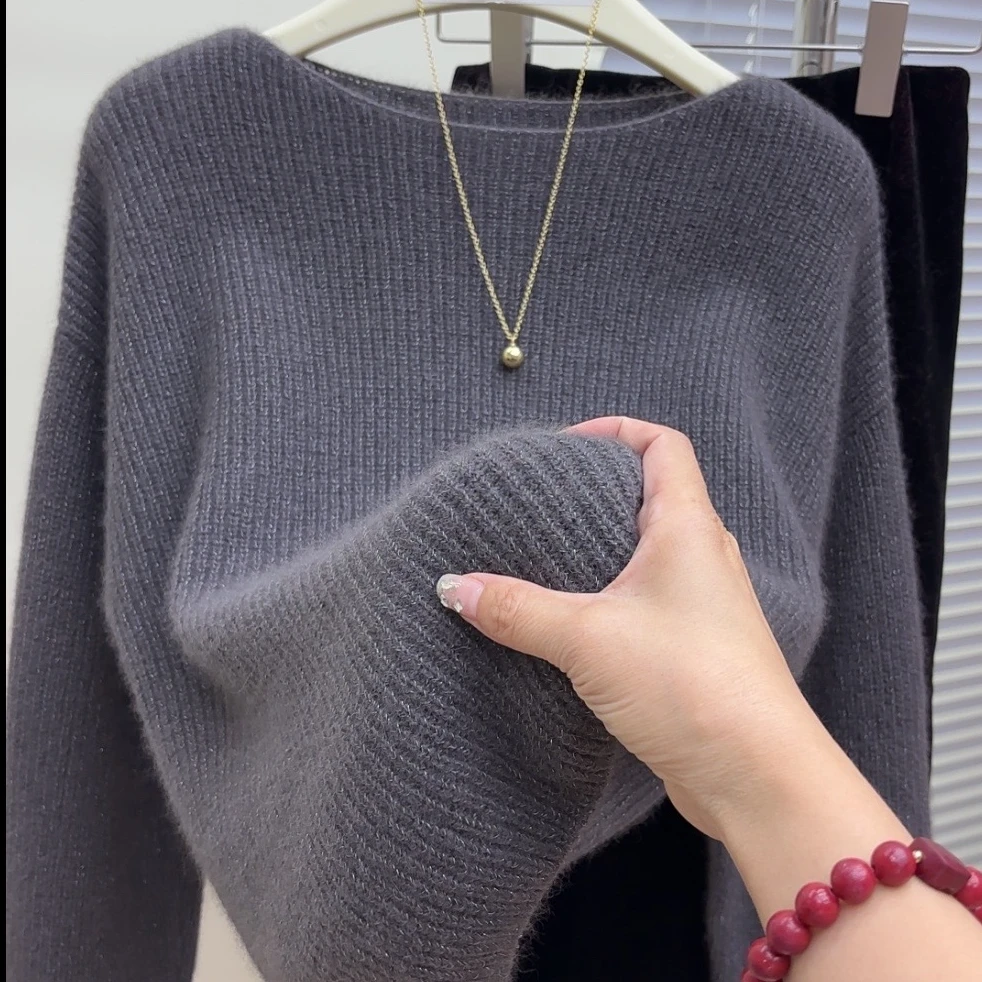 小一字领】韩版早秋款带亮丝落肩款慵懒风百搭女士全羊毛衫8.20