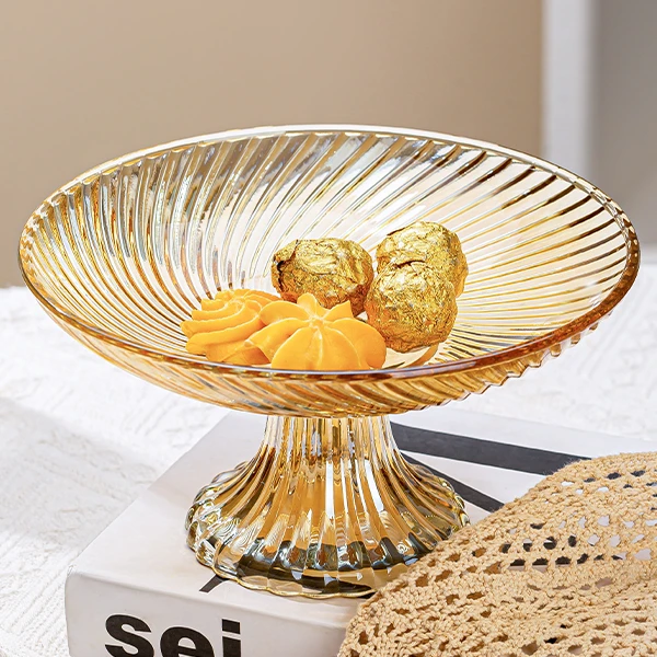 轻奢浮雕斜纹水果盘点心盘加厚玻璃琥珀无铅玻璃创意果盘零食盘