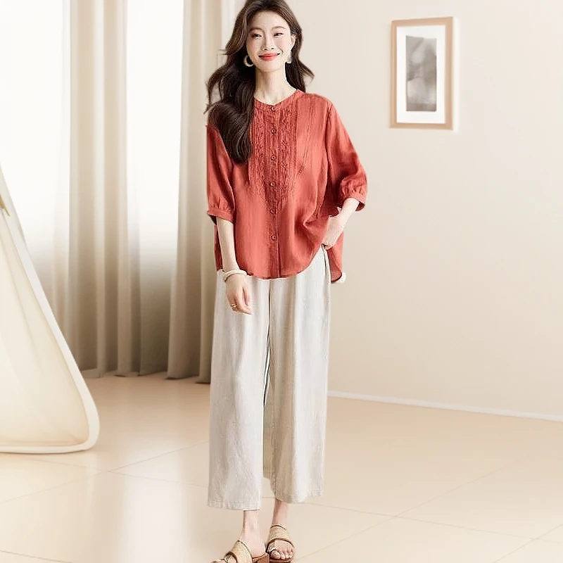 亚麻女高端棉麻套装2025搭配一整套苎麻小个子夏季中年妈妈两件套