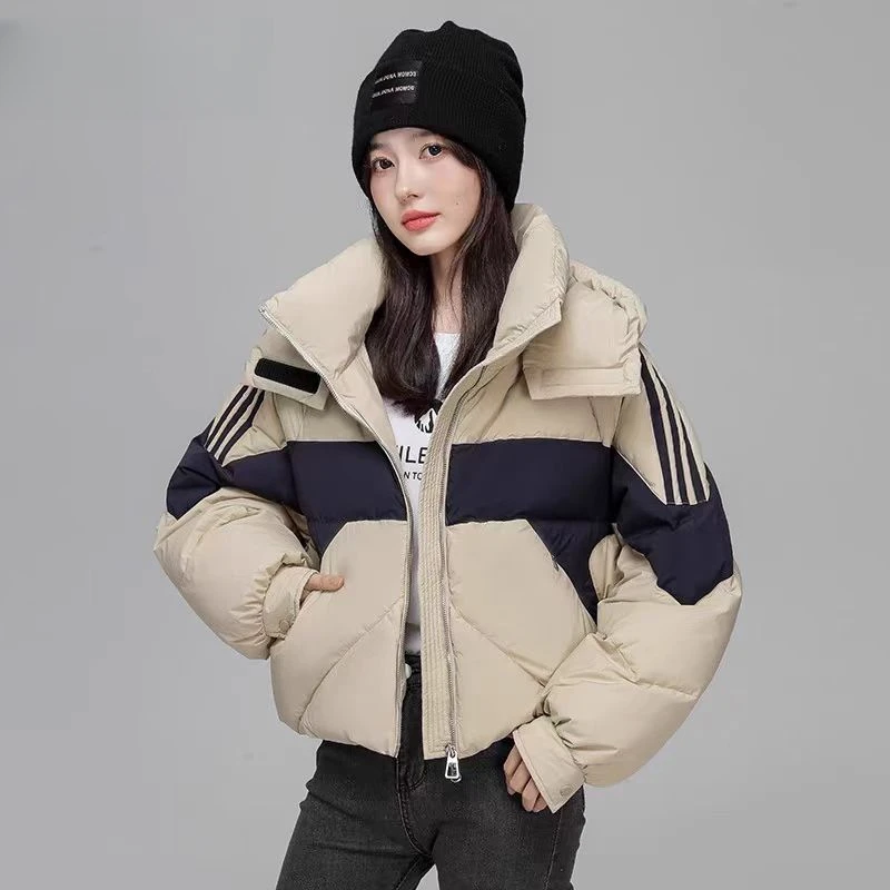 韩版撞色连帽羽绒服时尚拼接设计感美拉德系潮流外套2315(E区)
