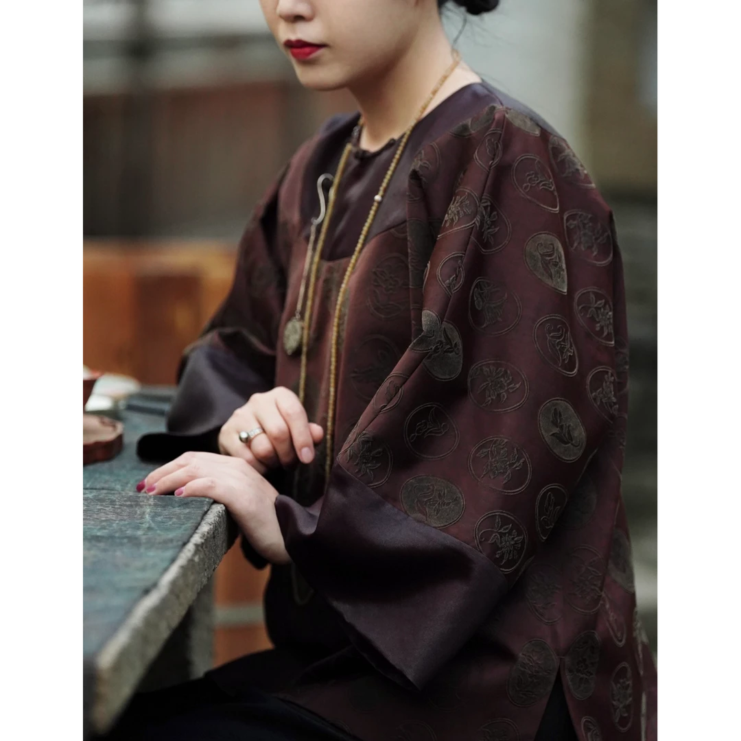 【石喃】原创设计新中式重磅桑蚕丝圆领斜襟大袖上衣【独上兰舟】