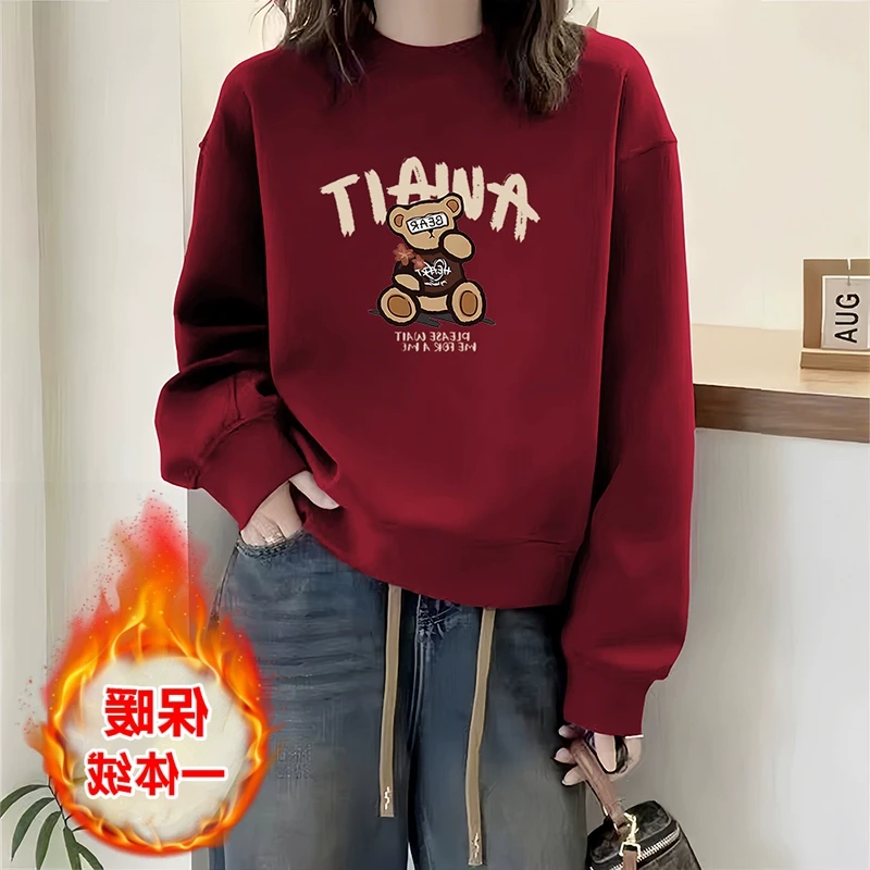 红色卫衣加厚加绒女秋冬季2025新款卡通小熊保暖宽松百搭圆领上衣