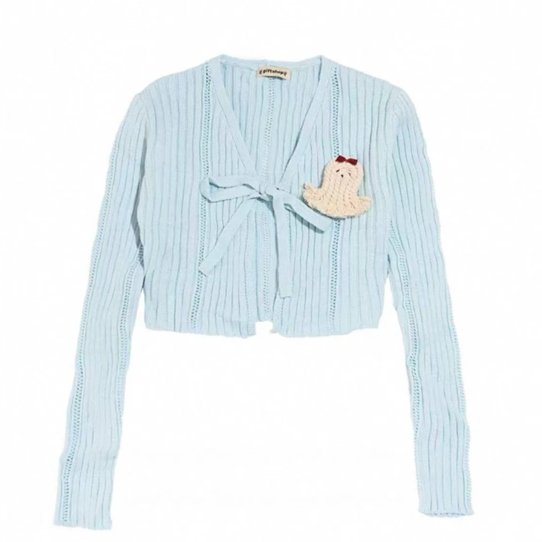 【奥体自播】拖把狗胸针条纹针织小开衫