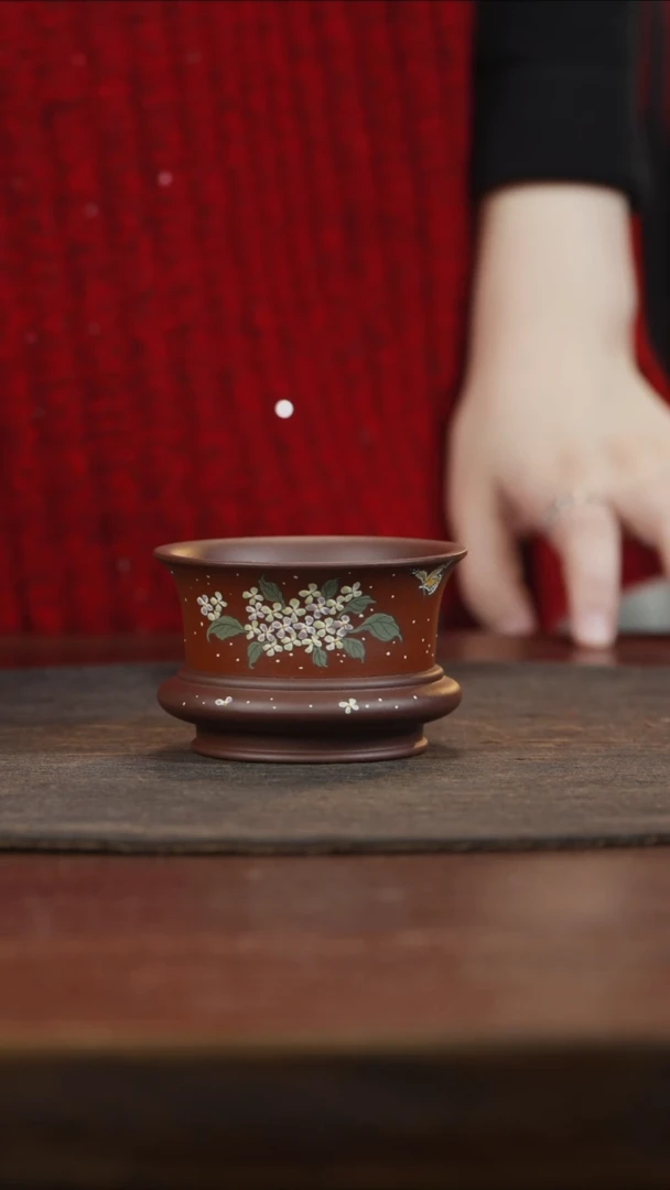 【闪购商品】紫砂茶叶罐朱泥泥绘蝴蝶花明炉杯