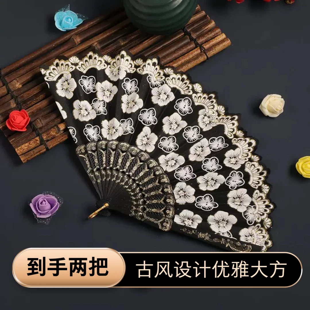 黑色一把樱花扇中国风古风女士折扇夏季随身便携舞蹈扇