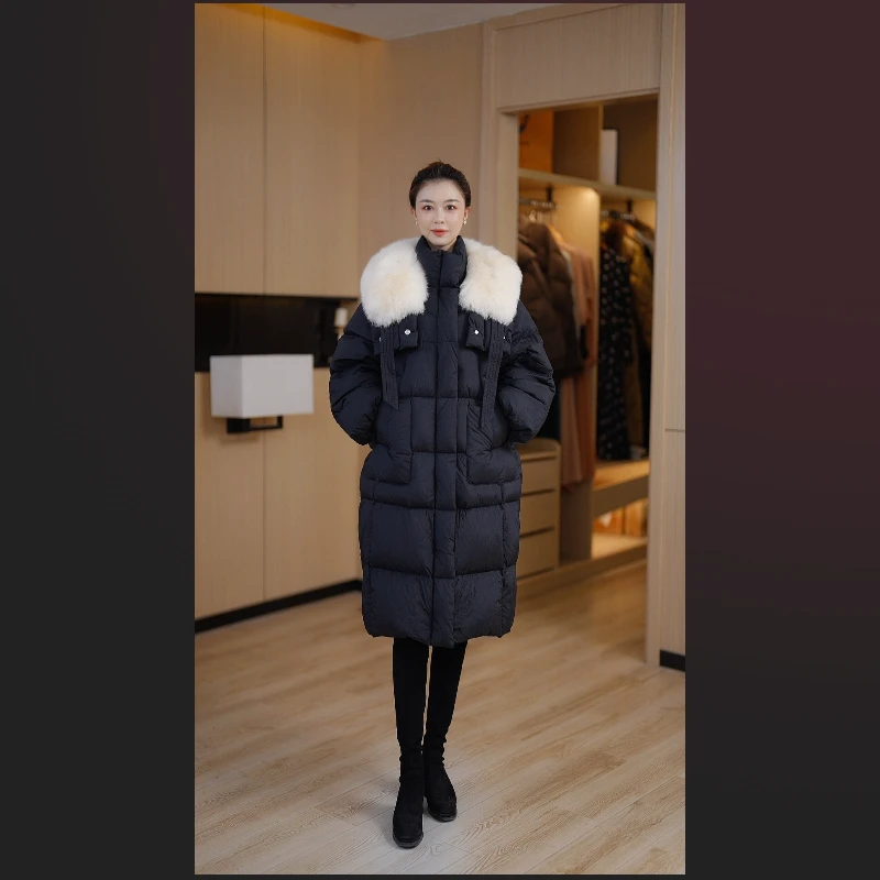 【23091】狐狸毛领高填充白鹅绒保暖新款中长款羽绒服