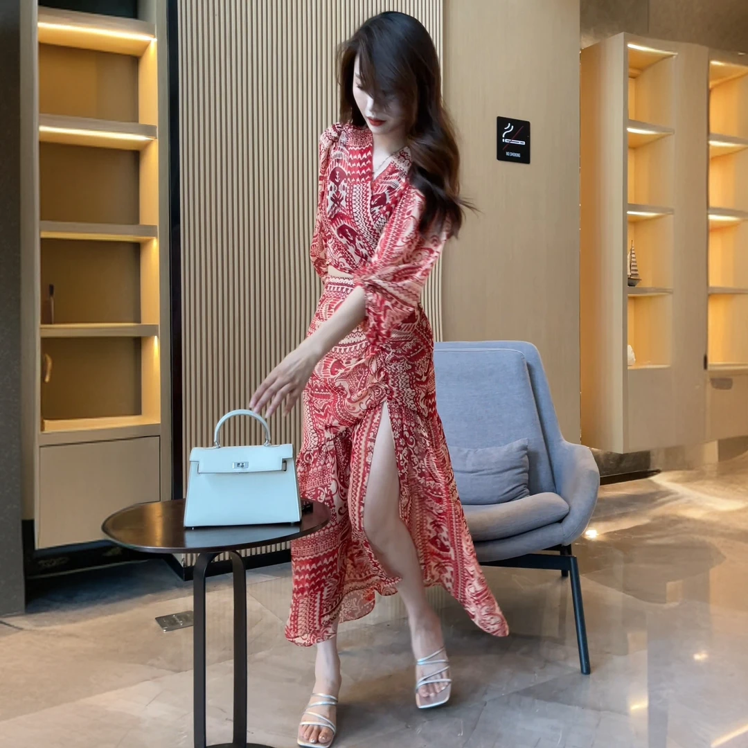 夏季渲染印花套装中袖上衣不规则褶皱半身裙两件套