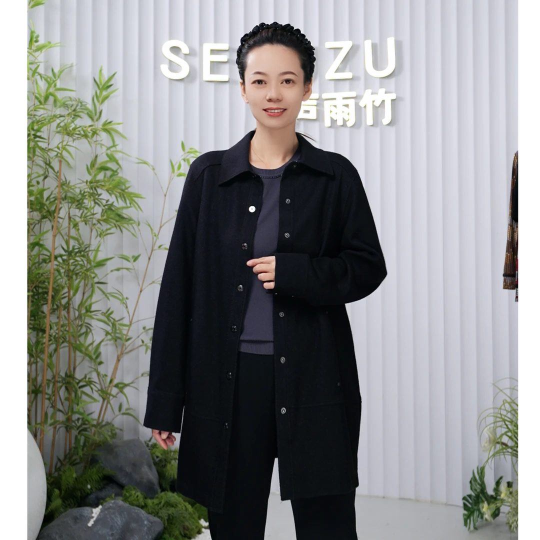 Shengyuzhu/声雨竹黑色休闲秋季毛呢外套女中长款女装休闲