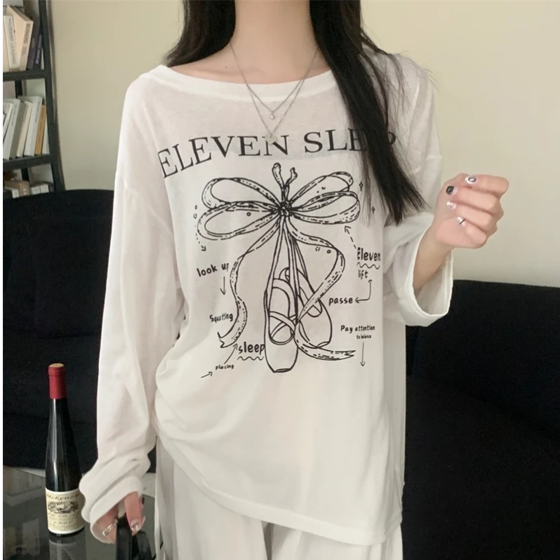 白色薄款斜肩露肩防晒罩衫女夏季吊带外搭长袖t恤爵士上衣早春秋