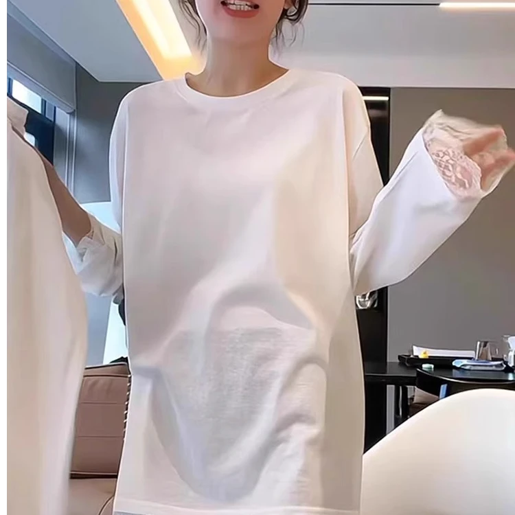 欧货白色磨毛长袖蕾丝拼接t恤女秋冬宽松内搭打底衫配鲨鱼裤上衣