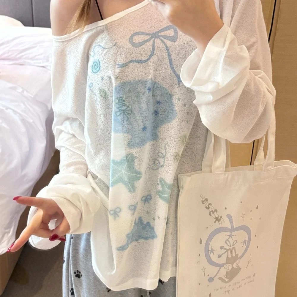 【人鱼旋律】薄款印花贝壳罩衫宽松长袖斜肩上衣慵懒风insT恤女