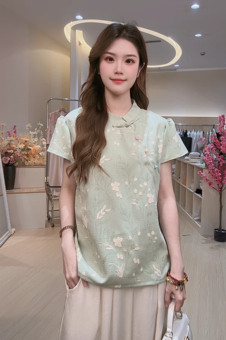 【喜嬴】短袖气质厚款中长款上衣圆领常规女装富婆风薄款印染