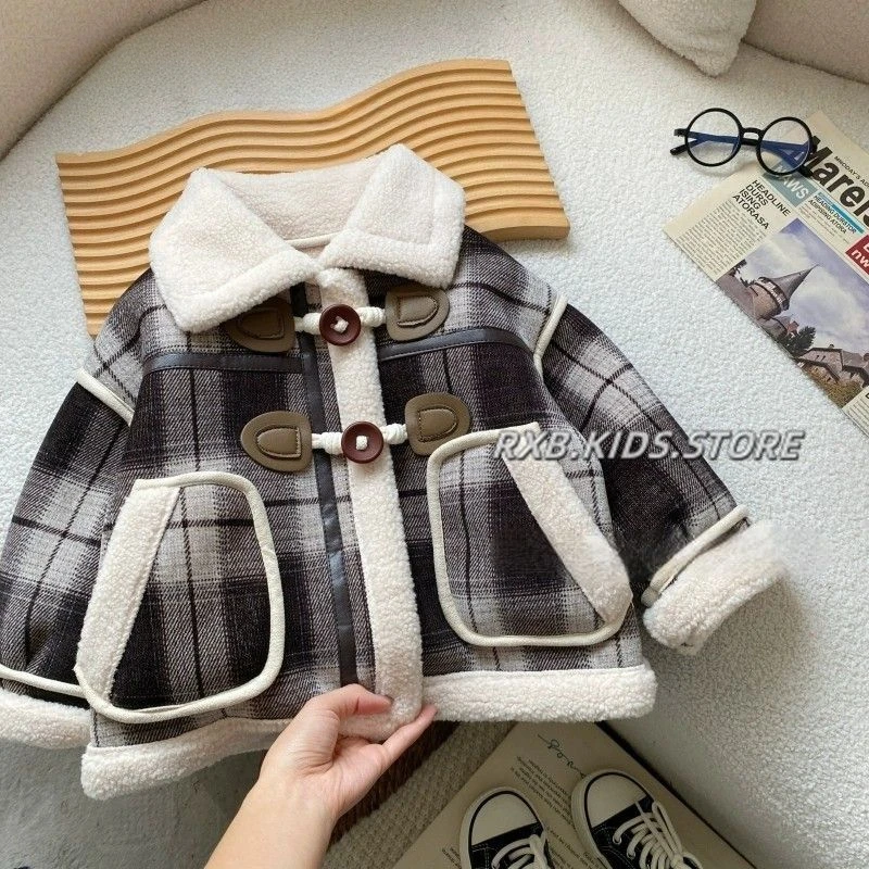男童加绒外套小童冬季格子呢子上衣潮牌服装新款男孩宝宝童装男童