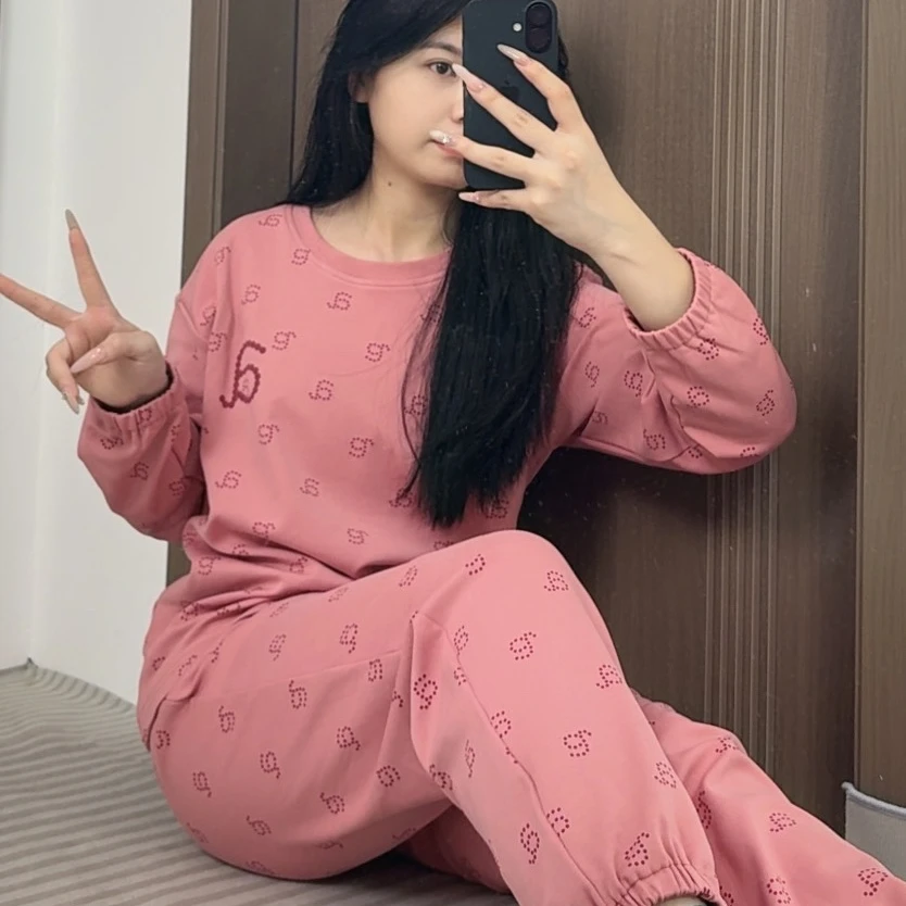 带胸垫秋冬纯棉女士长袖长裤睡衣时尚休闲大码可外穿家居服套装