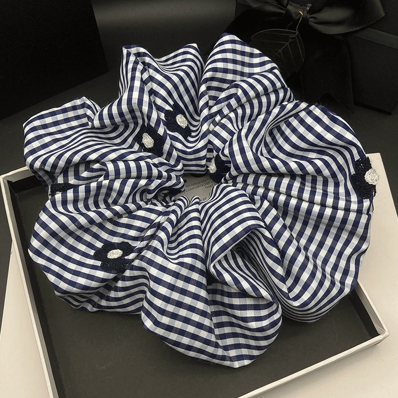 韩系复古格子刺绣花朵大肠发圈女超大号ins风高级感扎头发绳头花