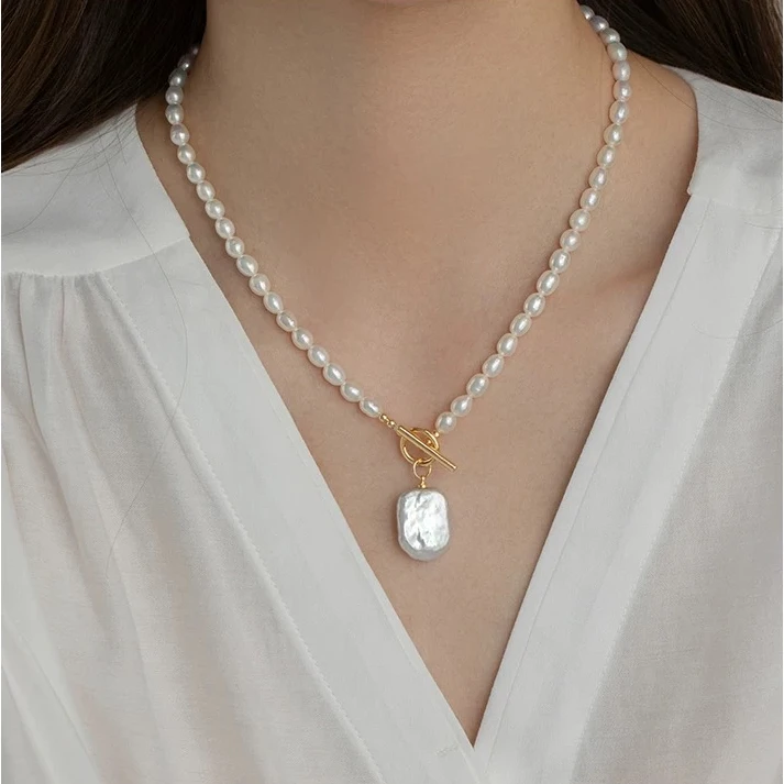 正宗淡水天然珍珠法式方牌吊坠高级感项链女个性小众气质珍珠饰品