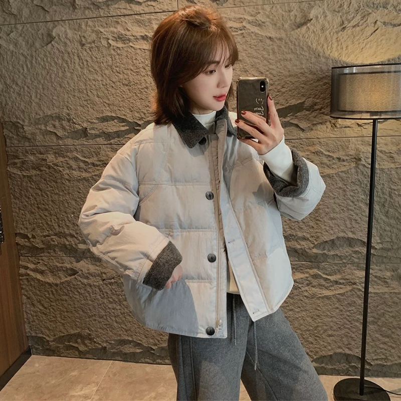 韩系简约撞色翻领羽绒服女2025冬季新款加厚保暖宽松白鸭绒短外套