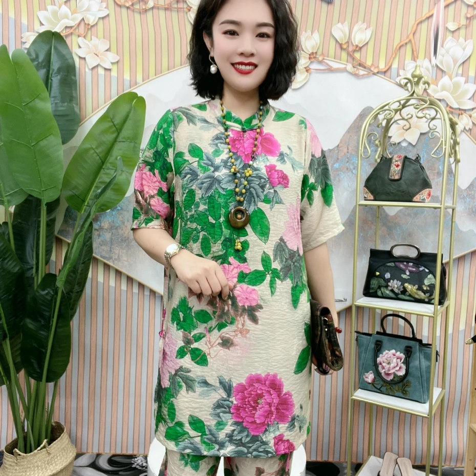 556新款洋气夏季两件套中年花色时尚休闲宽松大码中老年套装