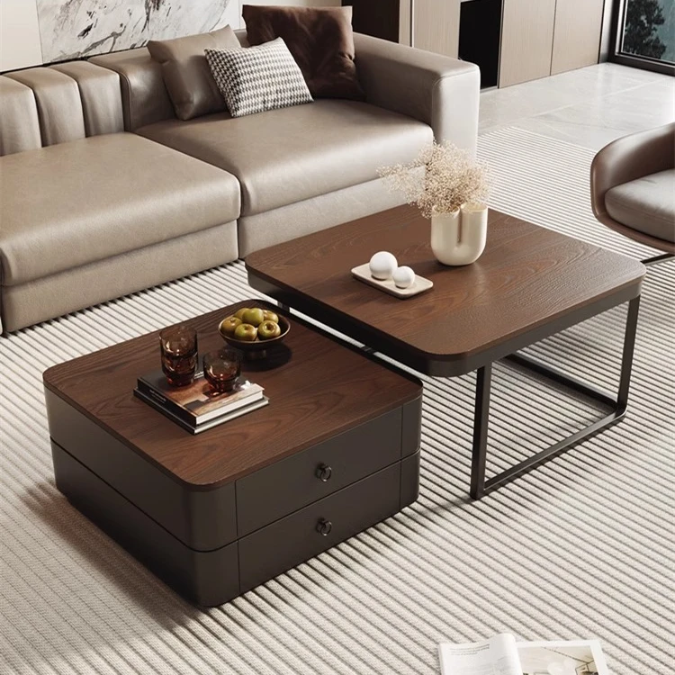 方形茶几组合中古风客厅家用小户型侘寂风胡桃色实木黑色小茶几桌